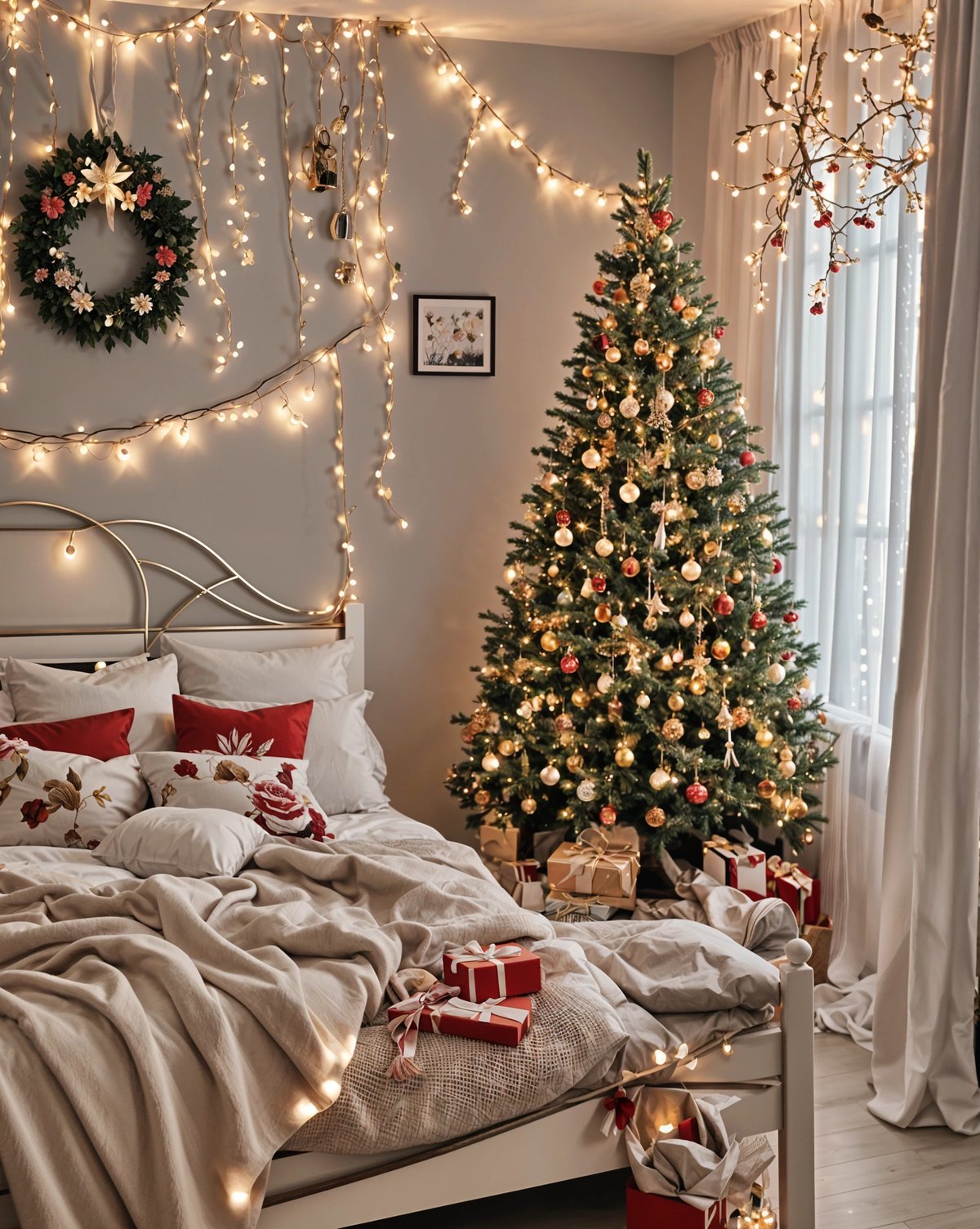 A bedroom with a Christmas tree and lights, with a bed covered in blankets and pillows.