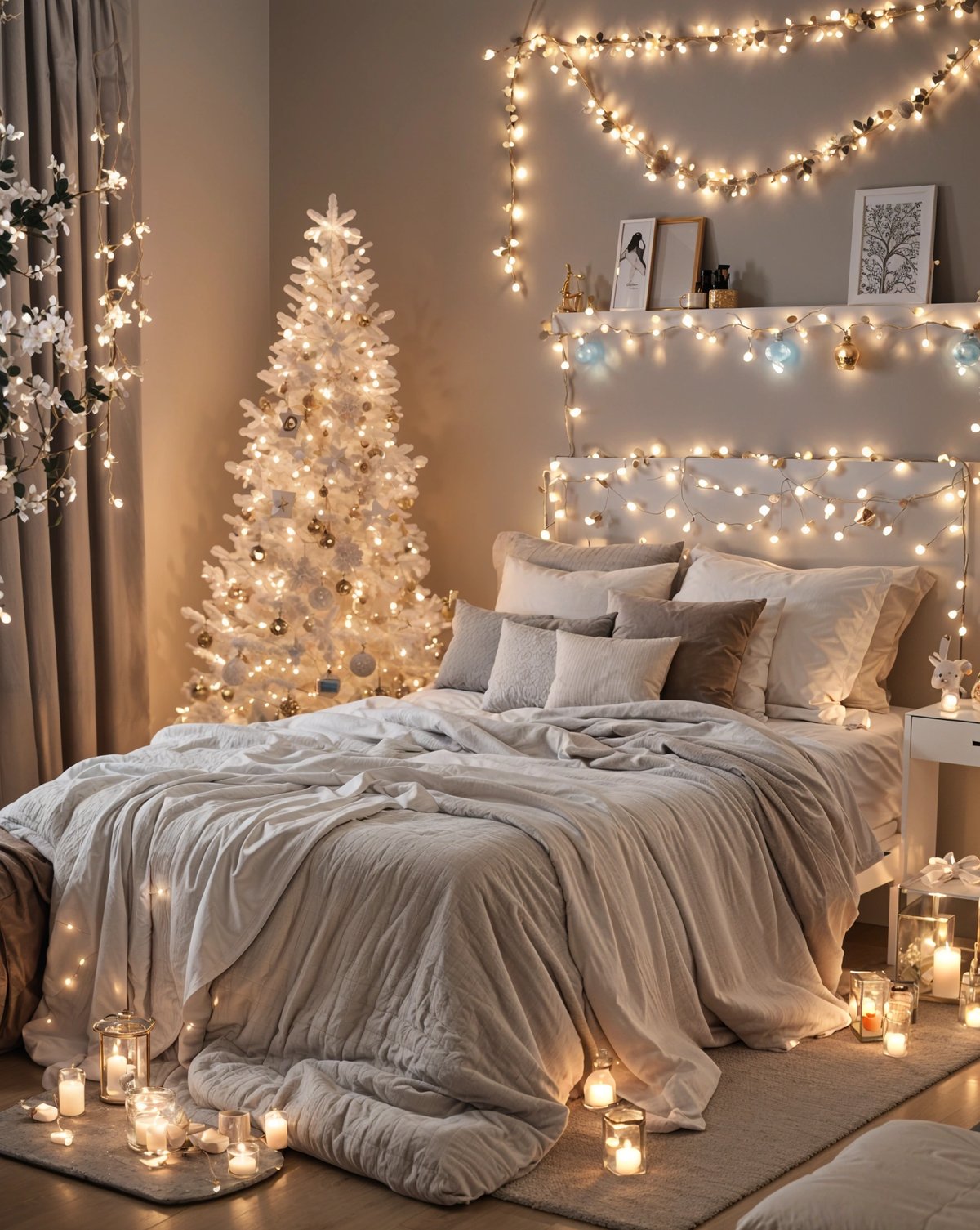 A bedroom with a white bed, Christmas tree, and lights. The bed is covered in white sheets and has a white comforter. The room is decorated with lights, creating a warm and inviting atmosphere.
