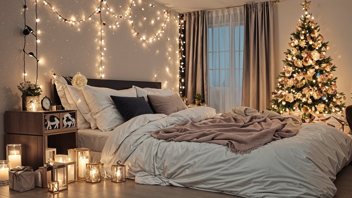 A bedroom with a white bed and a pink blanket. The room is dimly lit, and there are lights and a window.