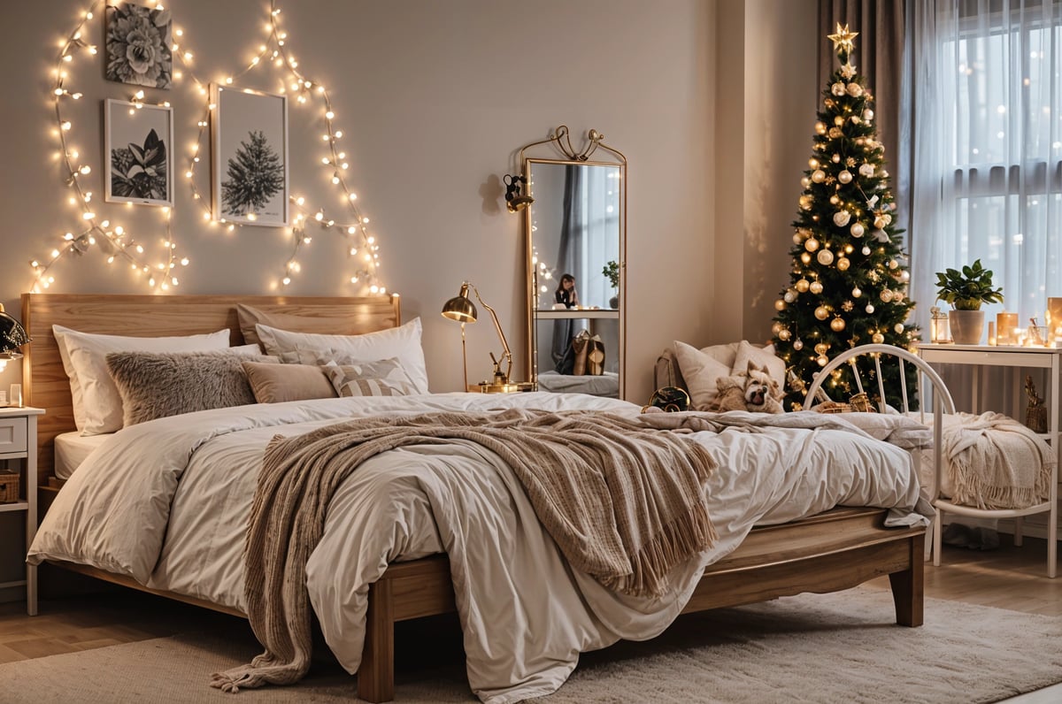 A cozy bedroom scene with a large bed, a mirror, a Christmas tree, and a dog. The bed is covered with a white comforter and has a white dog on it.