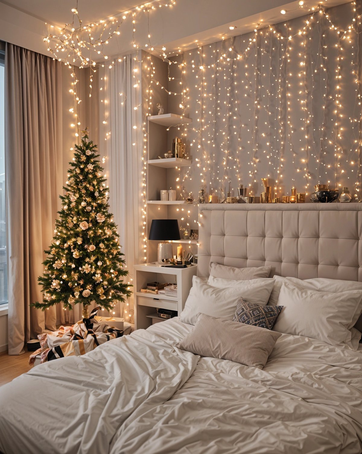 A bedroom scene with a bed, Christmas tree, and lights.
