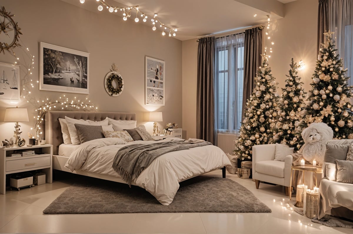 A bedroom with a white bed, a rug, a Christmas tree, and lights. The bed is covered in a grey blanket and has a white comforter. The room is decorated for Christmas with a tree and lights. The bedroom also features a couch and a chair.