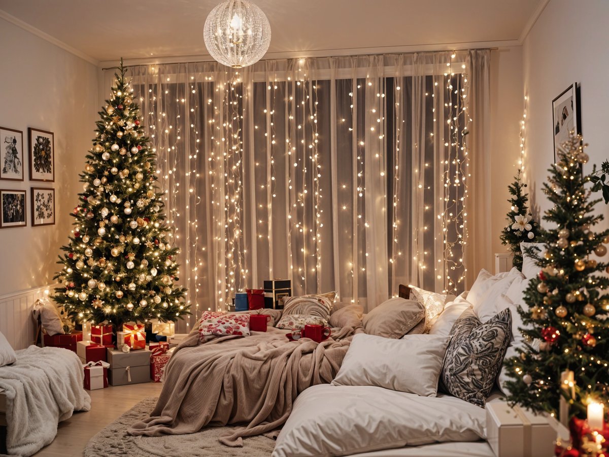 A bedroom with a bed and a Christmas tree in the corner. The bed is covered in a white comforter and has a white pillow on it.