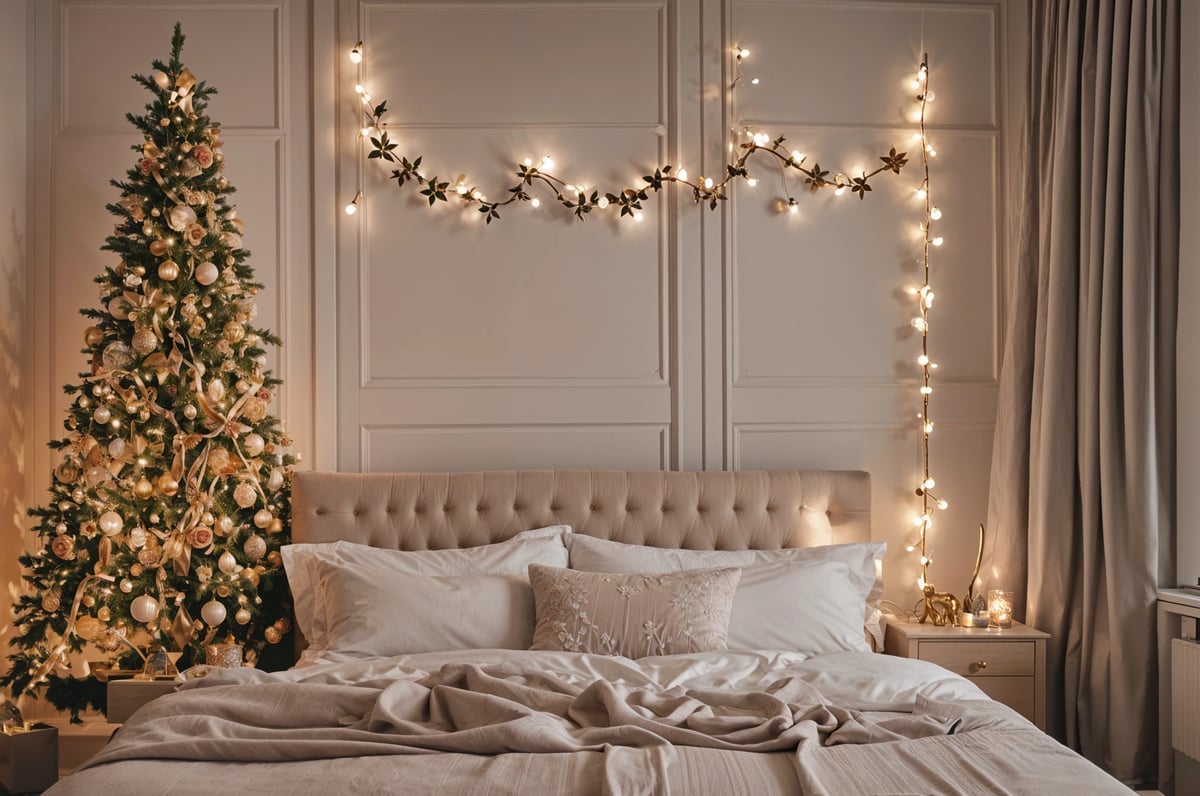 Bedroom scene with a bed and a Christmas tree in the corner. The bed is covered in white sheets and has a white comforter. The room is decorated with lights and a garland hanging above the bed.