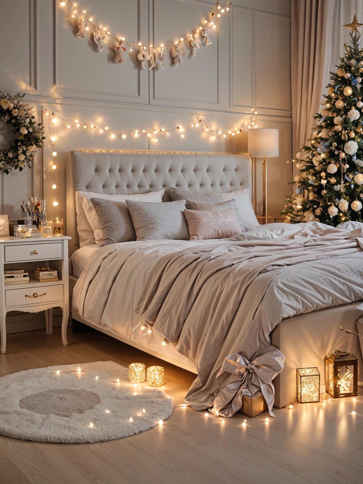 A bedroom scene with a bed adorned with white linens and a white comforter. The bed is positioned in front of a Christmas tree, and the room is decorated with fairy lights.