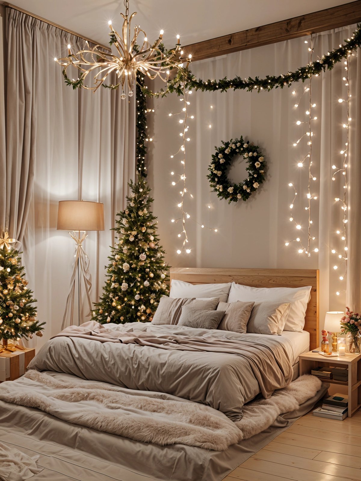 Bedroom with a bed and two Christmas trees. The bed is covered with a white comforter and white pillows. The room is decorated with lights and a wreath.