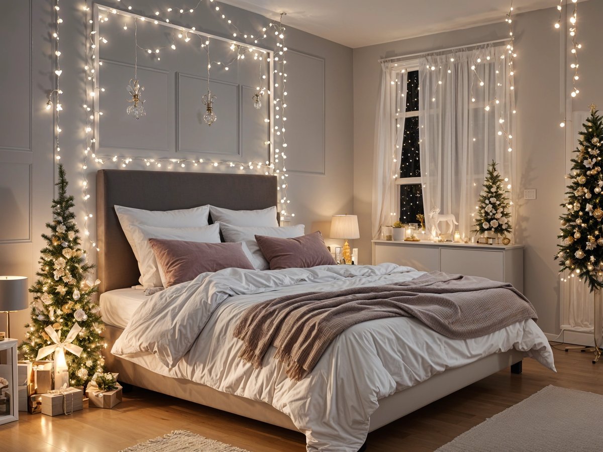 A bedroom with a bed and Christmas lights on the wall. The bed is covered in white linens and has a brown blanket on top.