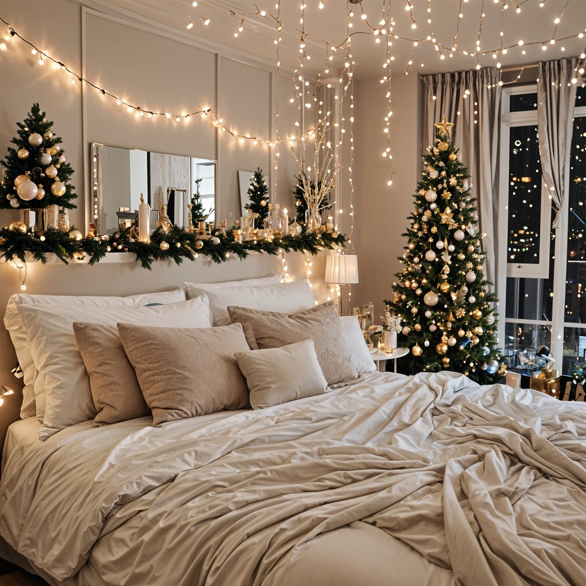 A bedroom with a bed and two Christmas trees. The bed is covered in white sheets and has a white comforter. The room is decorated with Christmas lights and ornaments.