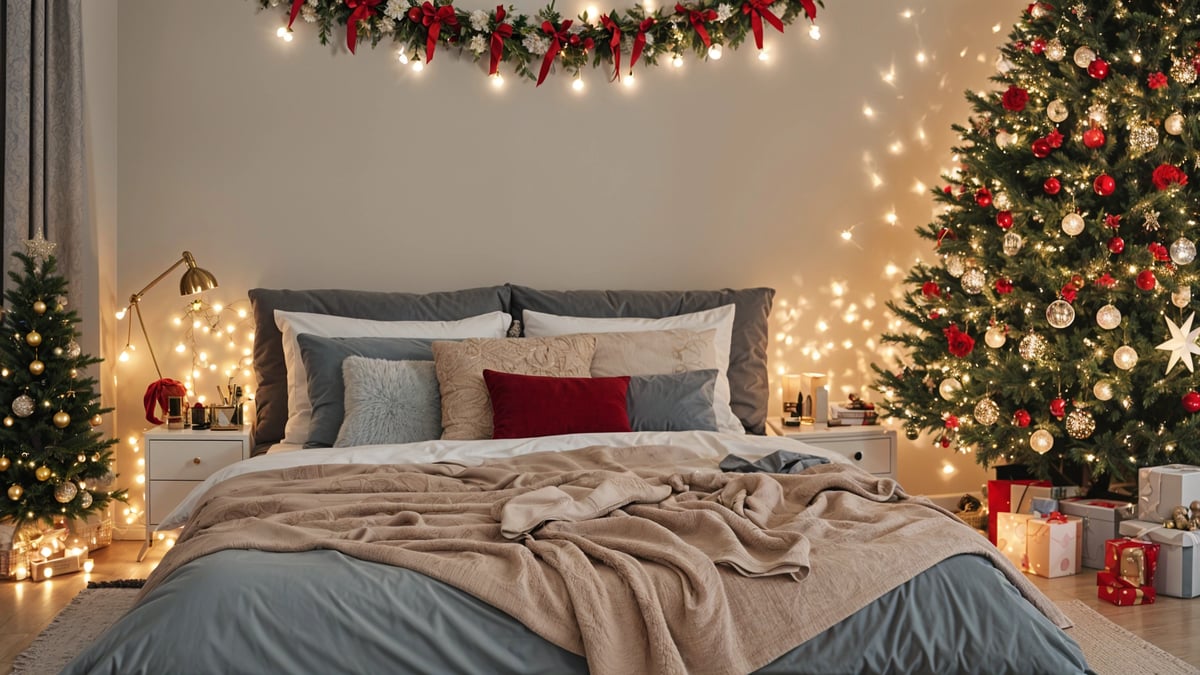 A bedroom with a bed and a Christmas tree in the corner.