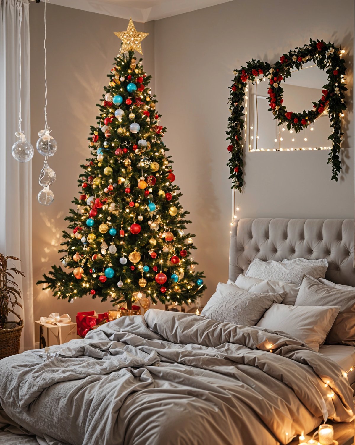 A bedroom with a Christmas tree and a grey comforter. The room is well-lit and cozy.