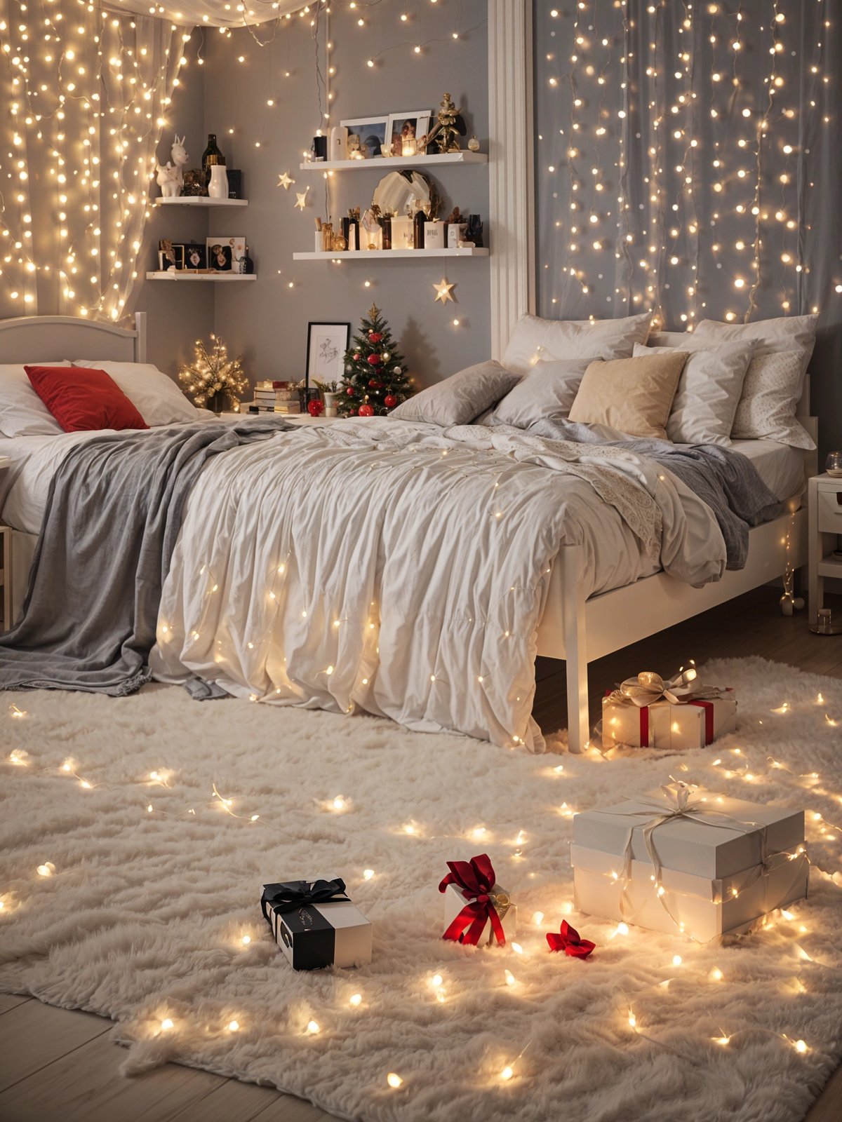 A bedroom scene with a white bed, Christmas decorations, and wrapped presents on the floor. The bed is covered with a white comforter and has a red pillow on it. The room is decorated with Christmas lights and a small Christmas tree. The presents on the floor are wrapped in white paper and have red ribbons.