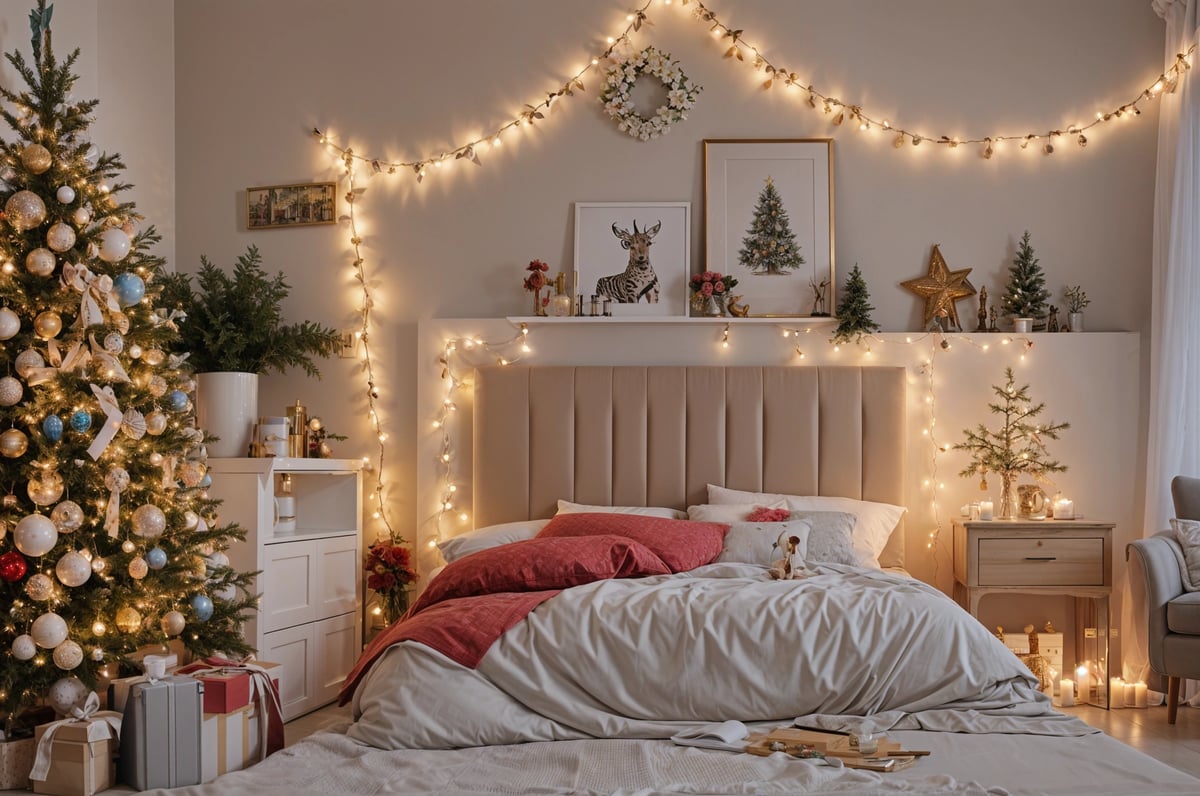 A cozy bedroom scene with a bed, a nightstand, and a Christmas tree. The bed has a white comforter and red pillows, and there are lights on the wall and around the room. A teddy bear is also present on the bed.