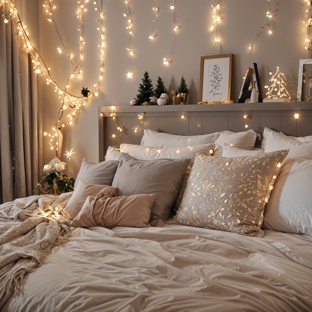 A bedroom with a bed and a shelf with decorative items