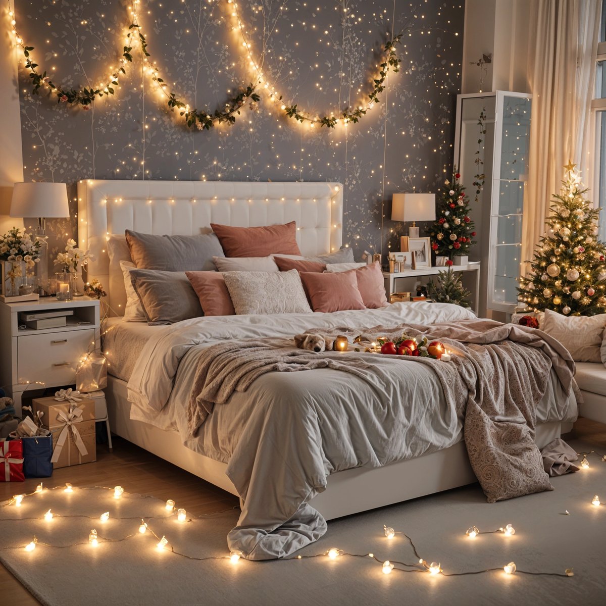 A bedroom with a bed covered in a white comforter and a white headboard. The bed is adorned with Christmas decorations and lights. There is a Christmas tree in the corner of the room and a dog lying on the bed. The room is decorated with lights on the walls and floor, creating a cozy and festive atmosphere.