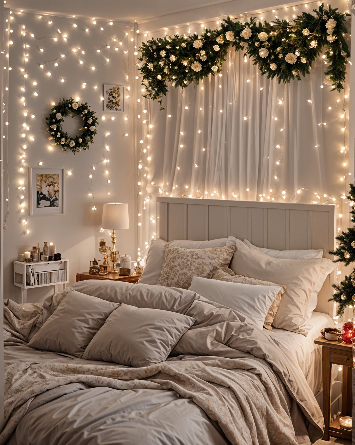 A bedroom scene with a bed, nightstand, lamp, and window with white curtains and lights.