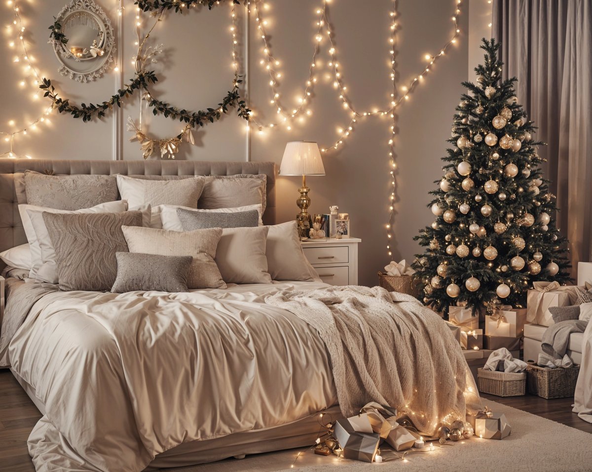 A bedroom with a white bed and a Christmas tree. The bed is covered in a white comforter and has a white pillow. The room is decorated with lights and ornaments, creating a cozy and festive atmosphere.