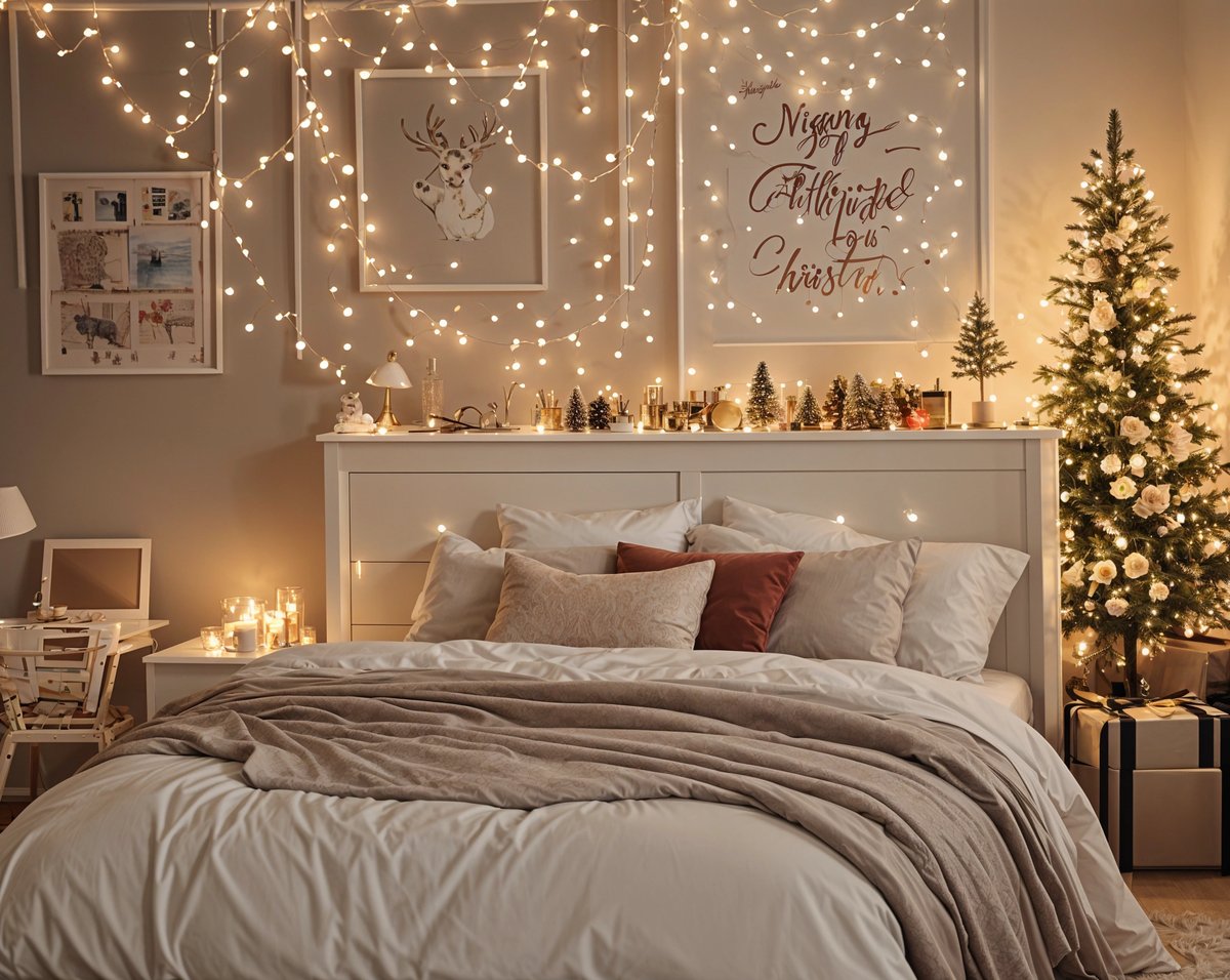 A bedroom with a bed under a Christmas tree and Christmas lights. The room is cozy and inviting.