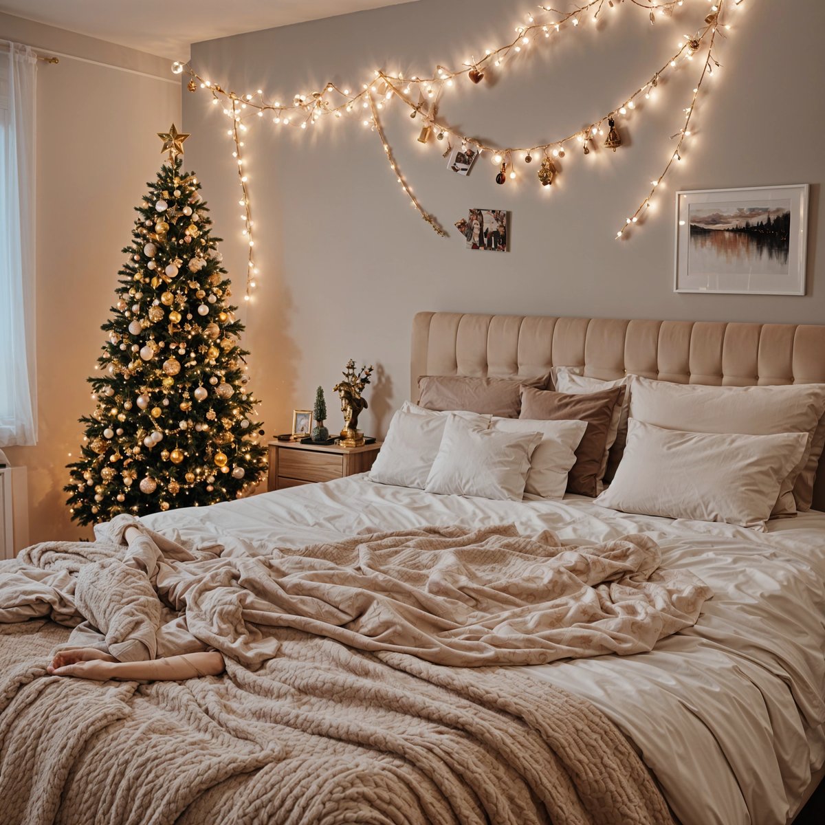 A bedroom scene with a bed and a Christmas tree. The bed has a comforter and a white sheet. The Christmas tree is decorated with lights and ornaments.
