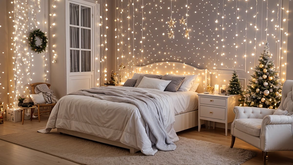 A bedroom with a white bed and a white rug. The bed has a grey comforter and a white sheet. The room is decorated with lights on the wall, giving it a cozy and inviting atmosphere.