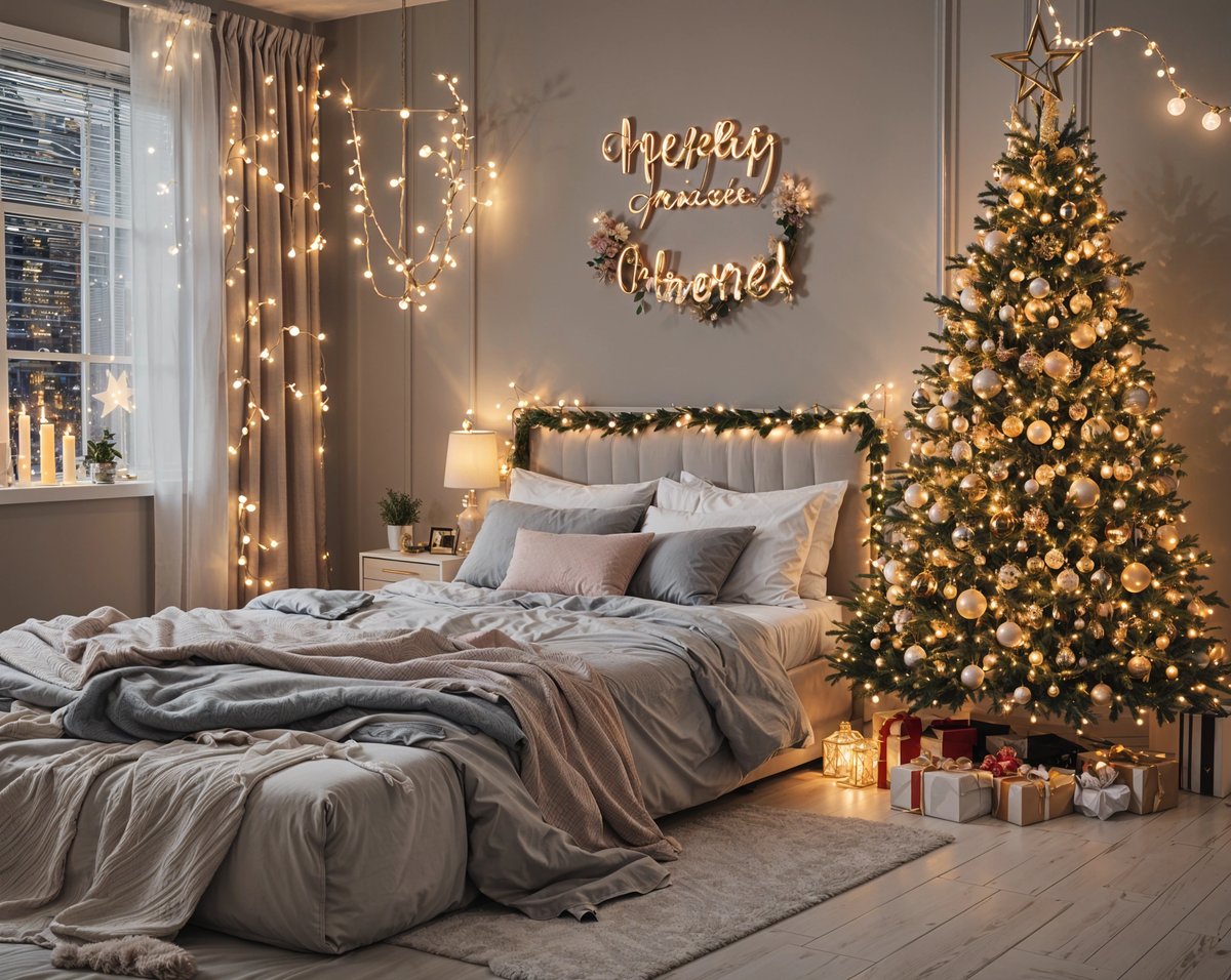 A bedroom with a bed and a Christmas tree. The bed has a white comforter and a pink pillow. The room is decorated with lights and a sign that reads 'Merry Christmas'.