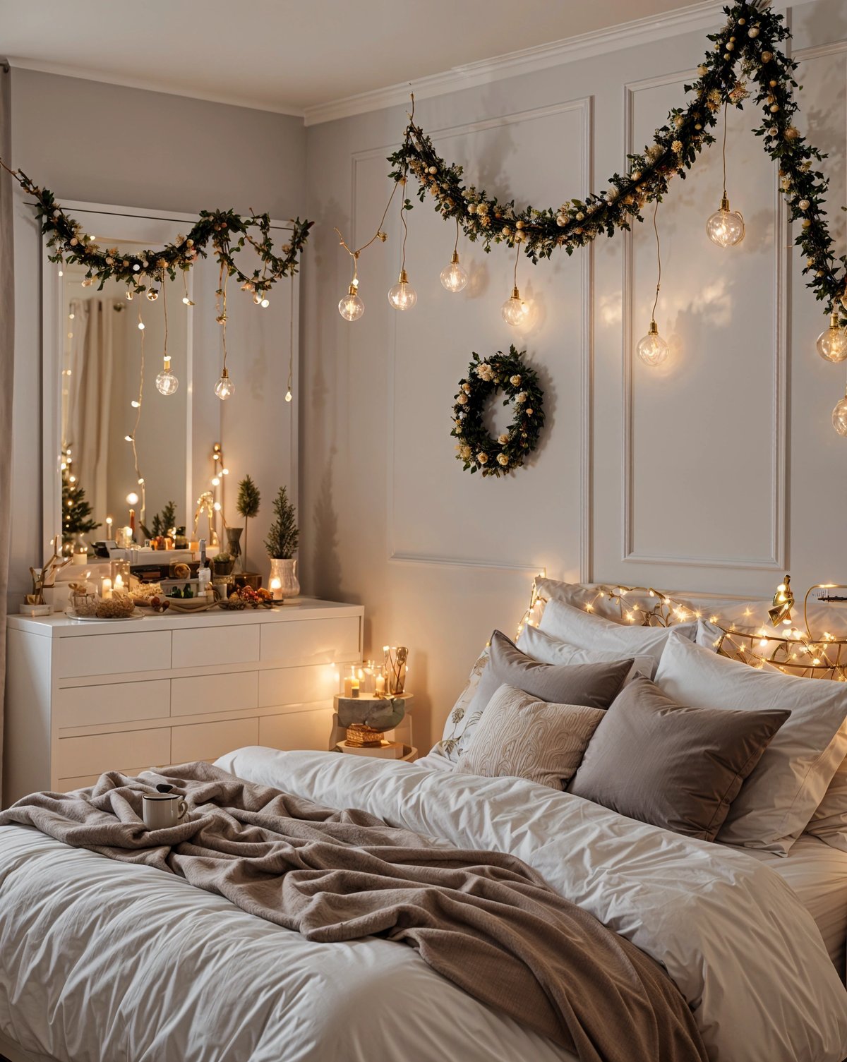 A cozy bedroom with a white comforter, wreath, lights, and mirror. The bed is situated under a window, allowing for natural light to fill the space.