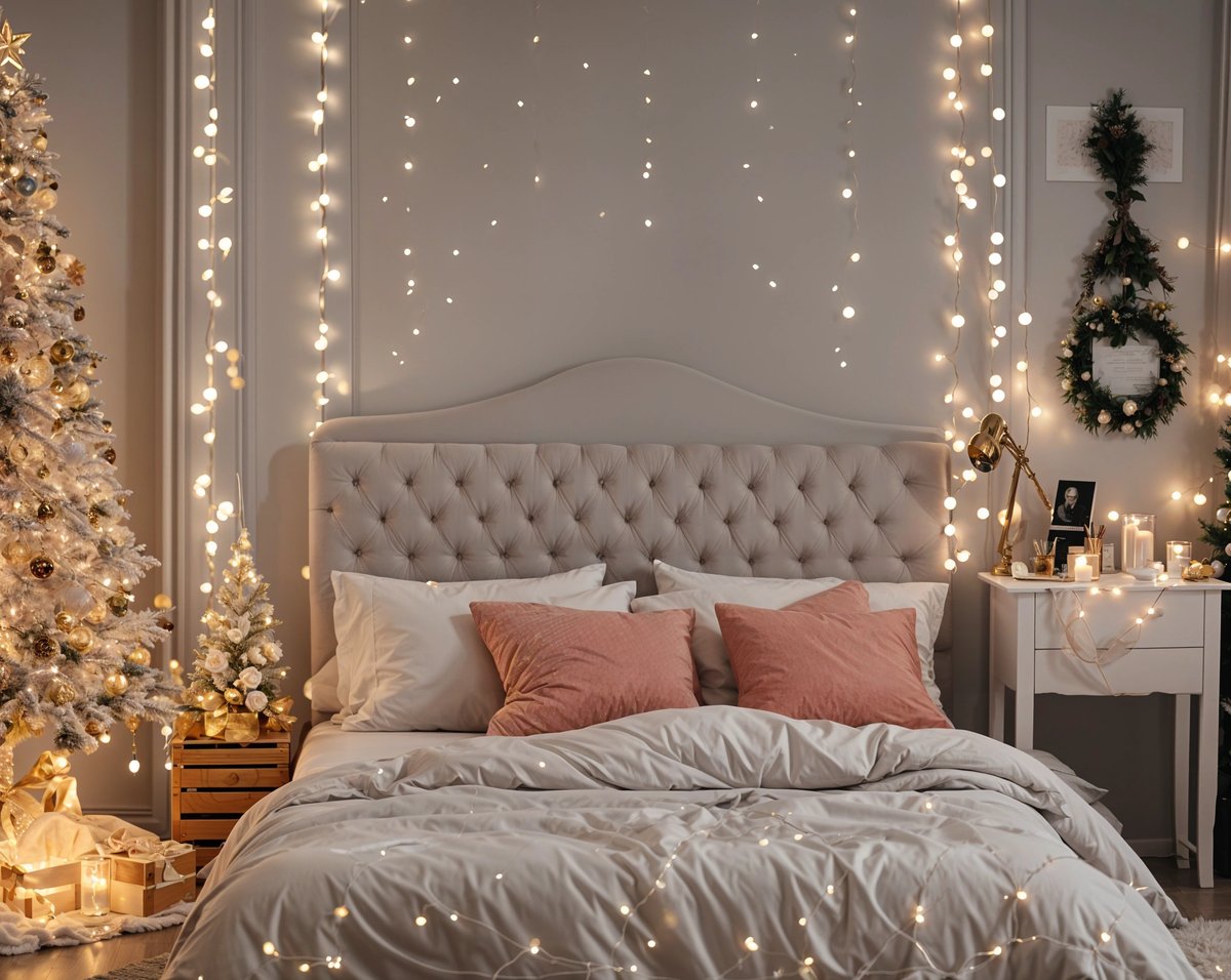 A bedroom with a white bed and pink pillows, lit up with Christmas lights. The bed is covered in a white comforter and has a headboard. The room also features a small tree and a lamp.