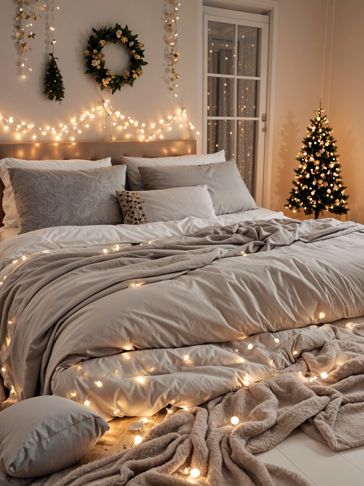 A bedroom with a bed and a Christmas tree in the corner.