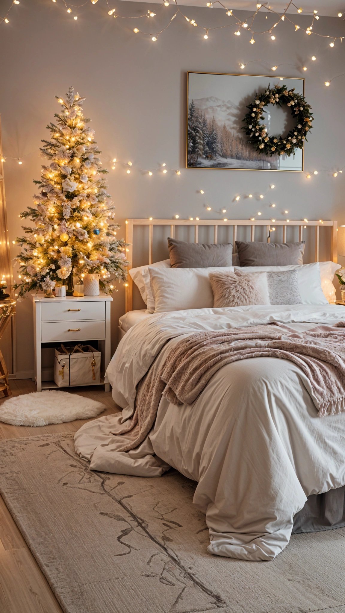 A bedroom with a white bed and a Christmas tree in the corner. The bed has a white comforter and is topped with a pink blanket. The room is decorated with a string of lights on the wall above the bed.