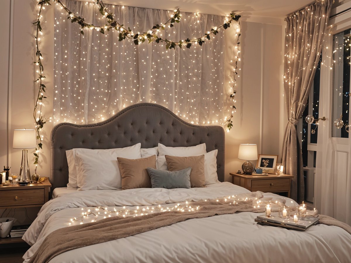 A bedroom with a large bed, white lights, and a green garland. The bed is adorned with a brown throw and has a headboard. The room also features a nightstand with a lamp and a picture frame.