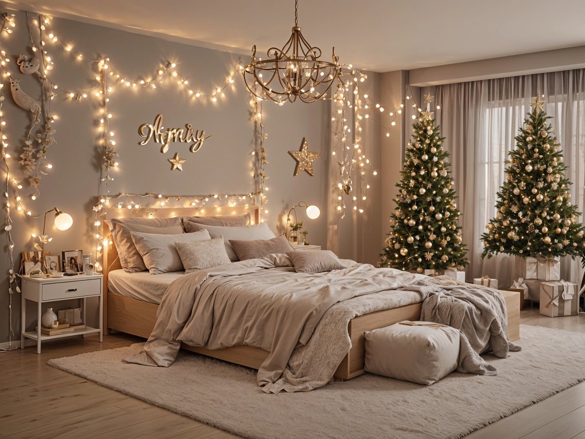 A bedroom with a large bed, Christmas tree, and lights and stars decorations.