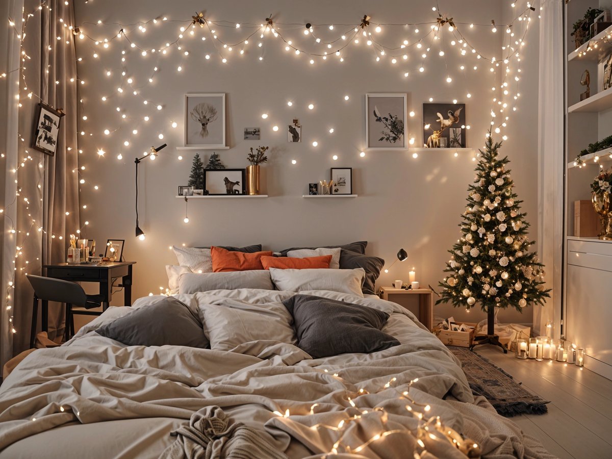 A bedroom with a bed, Christmas tree, and lights on the wall.