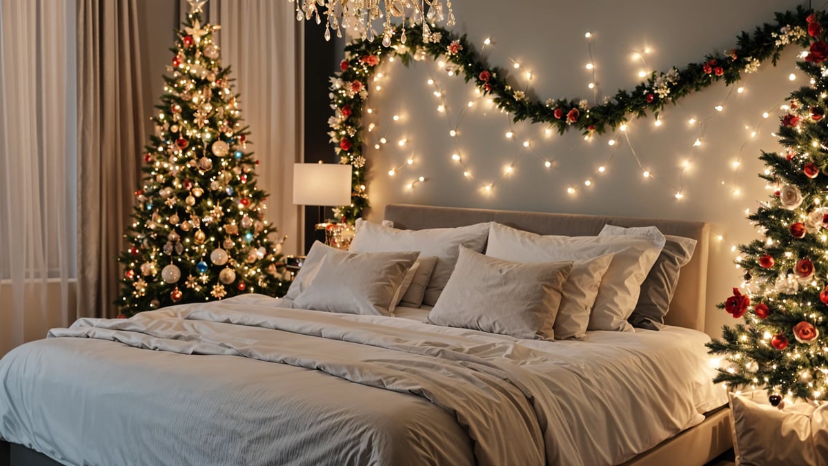 A bedroom with a bed, Christmas tree, and lights. The bed is covered with white sheets and a white comforter.