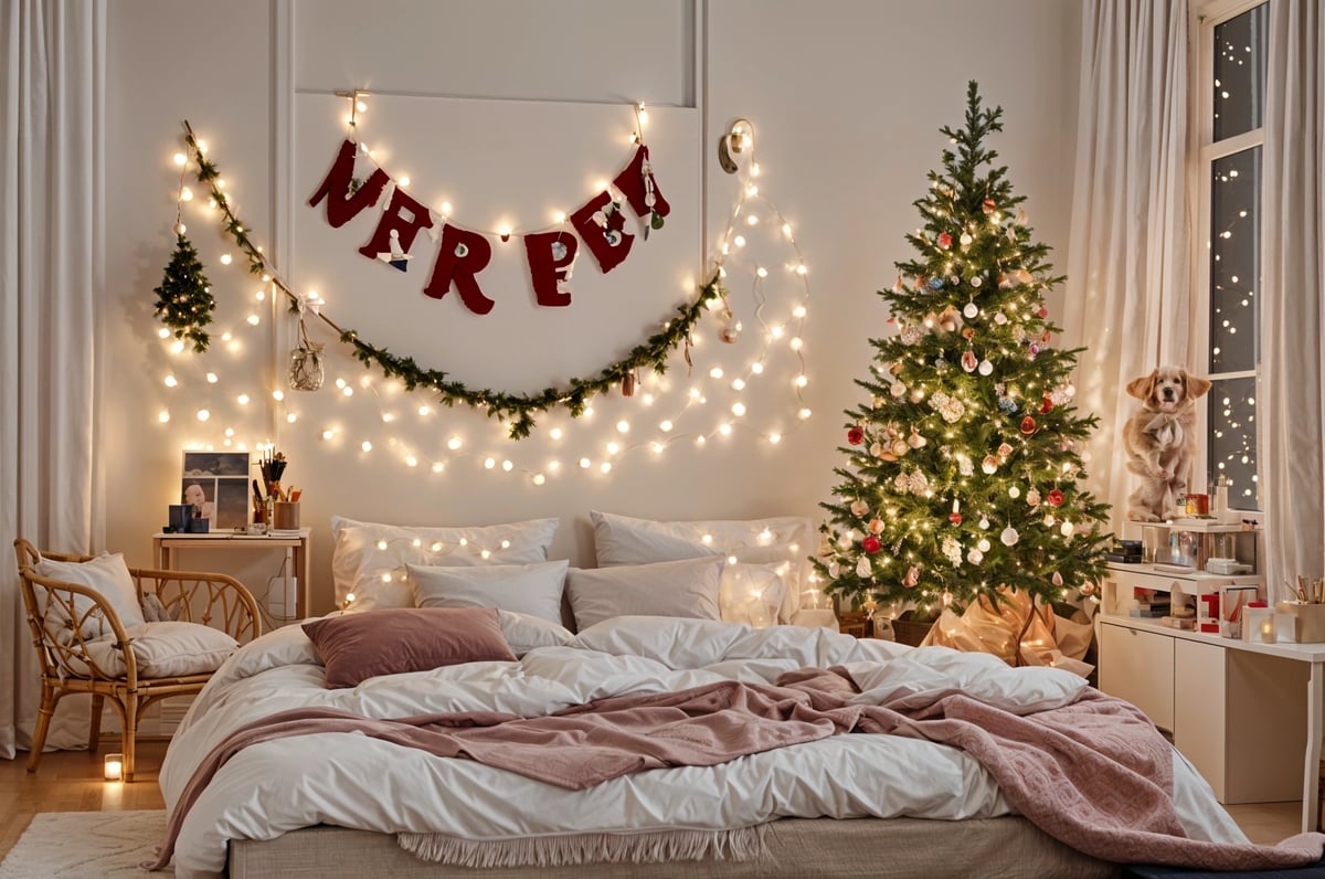 A bedroom with a bed, Christmas tree, and red banner that reads 'nerf pee'
