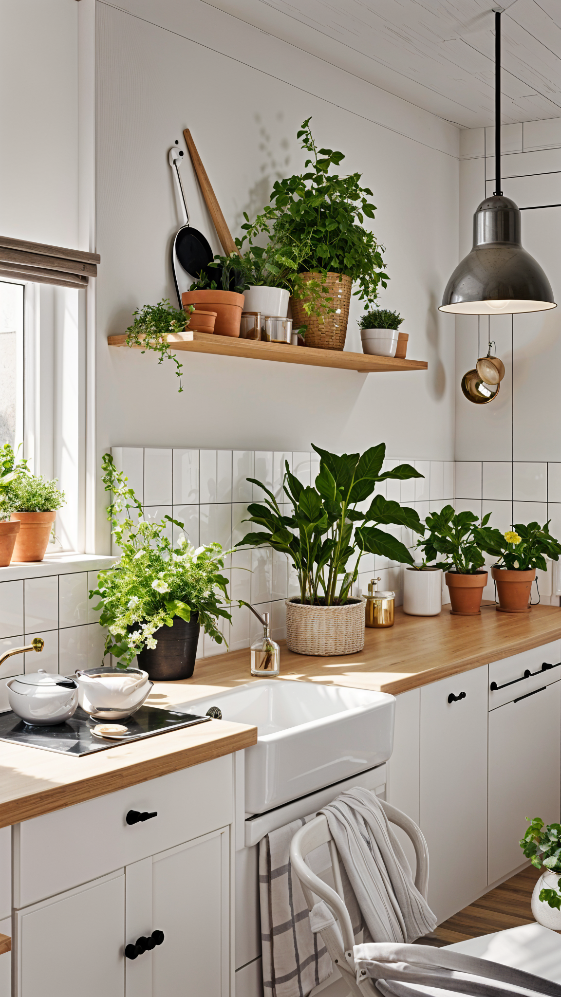 Modern kitchen with a white countertop and several potted plants arranged on it.