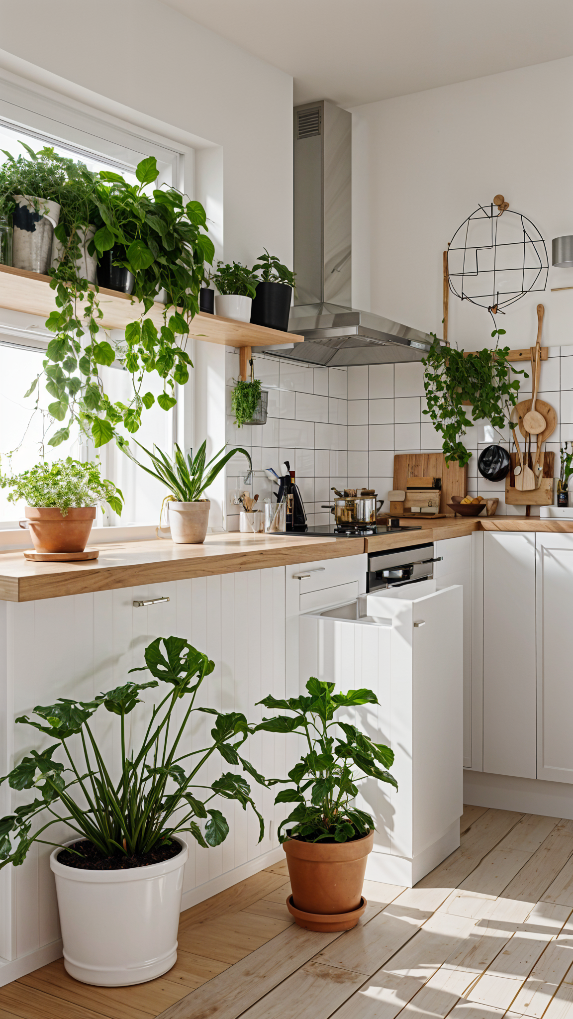 A kitchen with white cabinets and a window above the sink. The kitchen is filled with potted plants and various cooking utensils such as knives, spoons, and bowls. The countertops are made of wood and the sink is white.