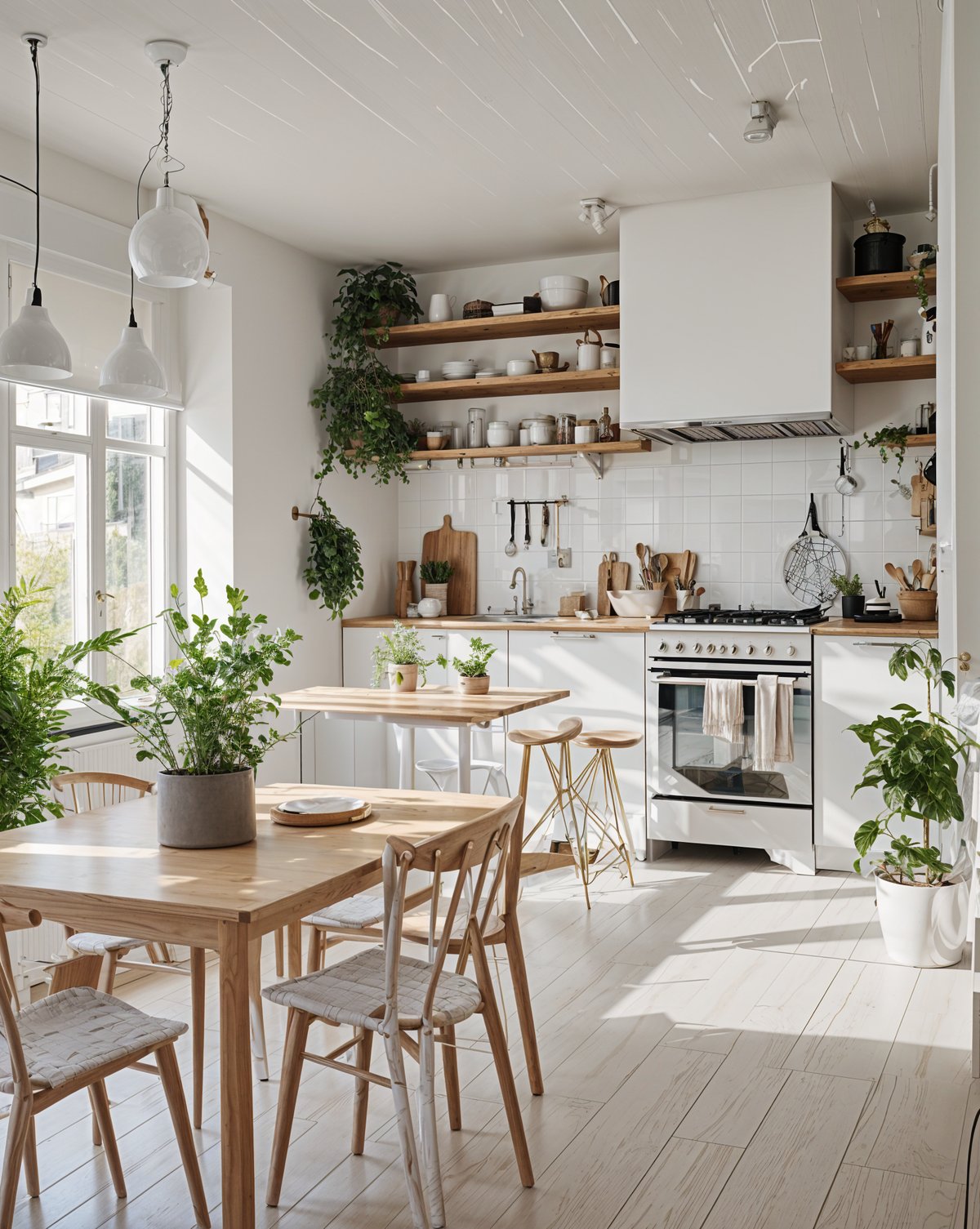 Modern kitchen with a dining table, chairs, and potted plants