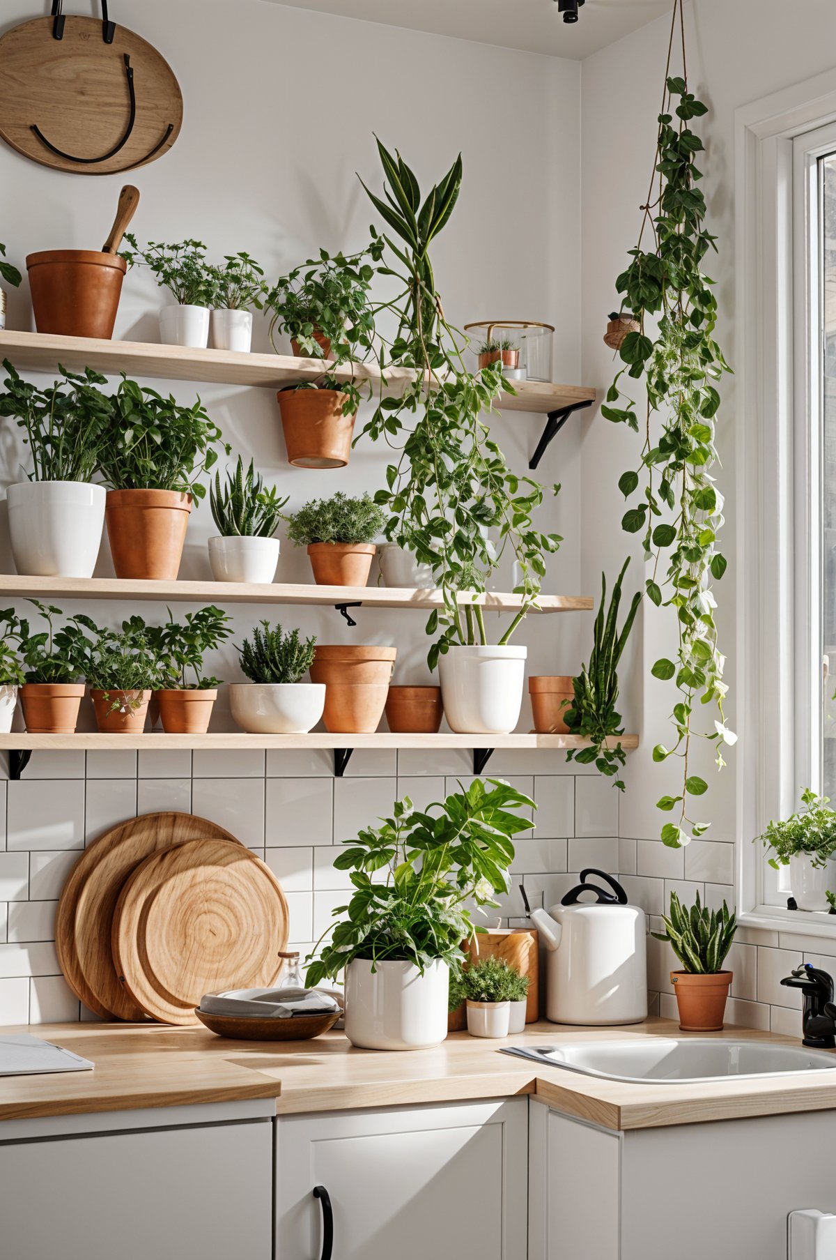 A collection of potted plants on a shelf, including a variety of green plants and succulents. The plants are arranged in a visually appealing manner, creating a sense of harmony and balance. The shelf is located in a kitchen, adding a touch of nature to the space. The plants are well-cared for and thriving, making the shelf a focal point in the room.