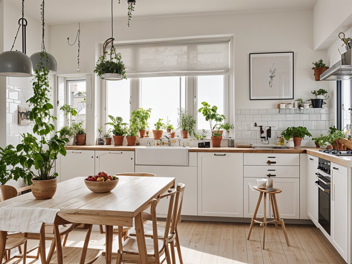 A kitchen with a wooden dining table filled with potted plants and fruit. The table is surrounded by chairs and the kitchen has white cabinets and a countertop.