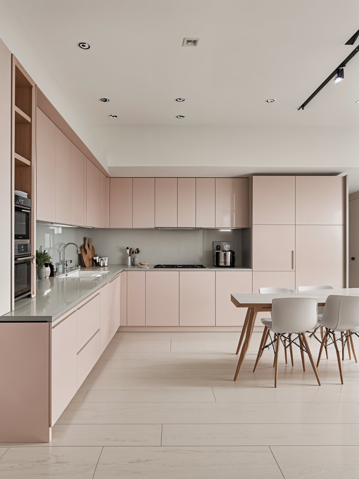 A kitchen with a white table and chairs, pink cabinets, and a sink.