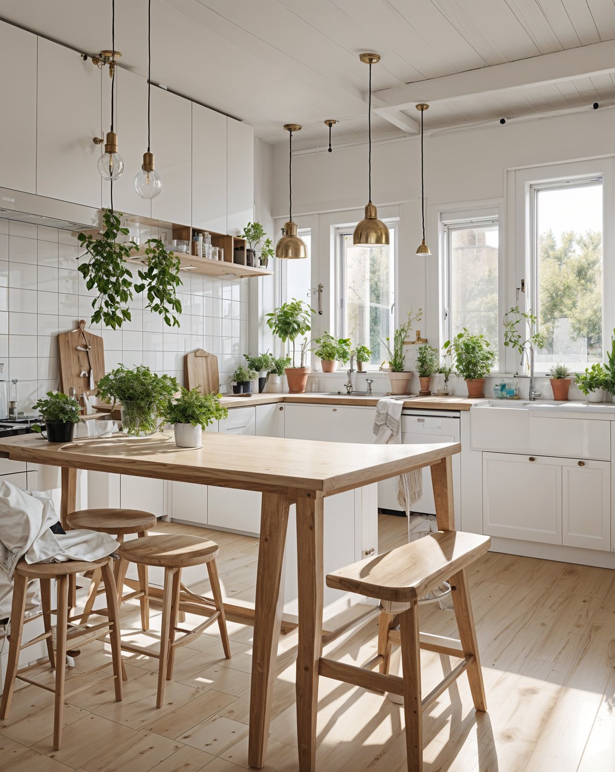 A modern kitchen with a wooden dining table and chairs, surrounded by potted plants.