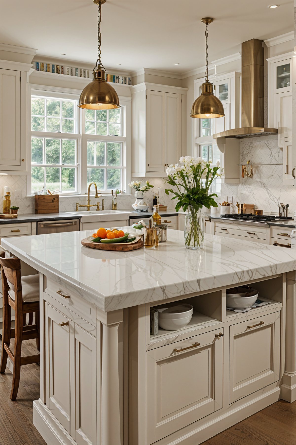 A traditional kitchen with a large island, a bowl of fruit, and a vase of flowers.