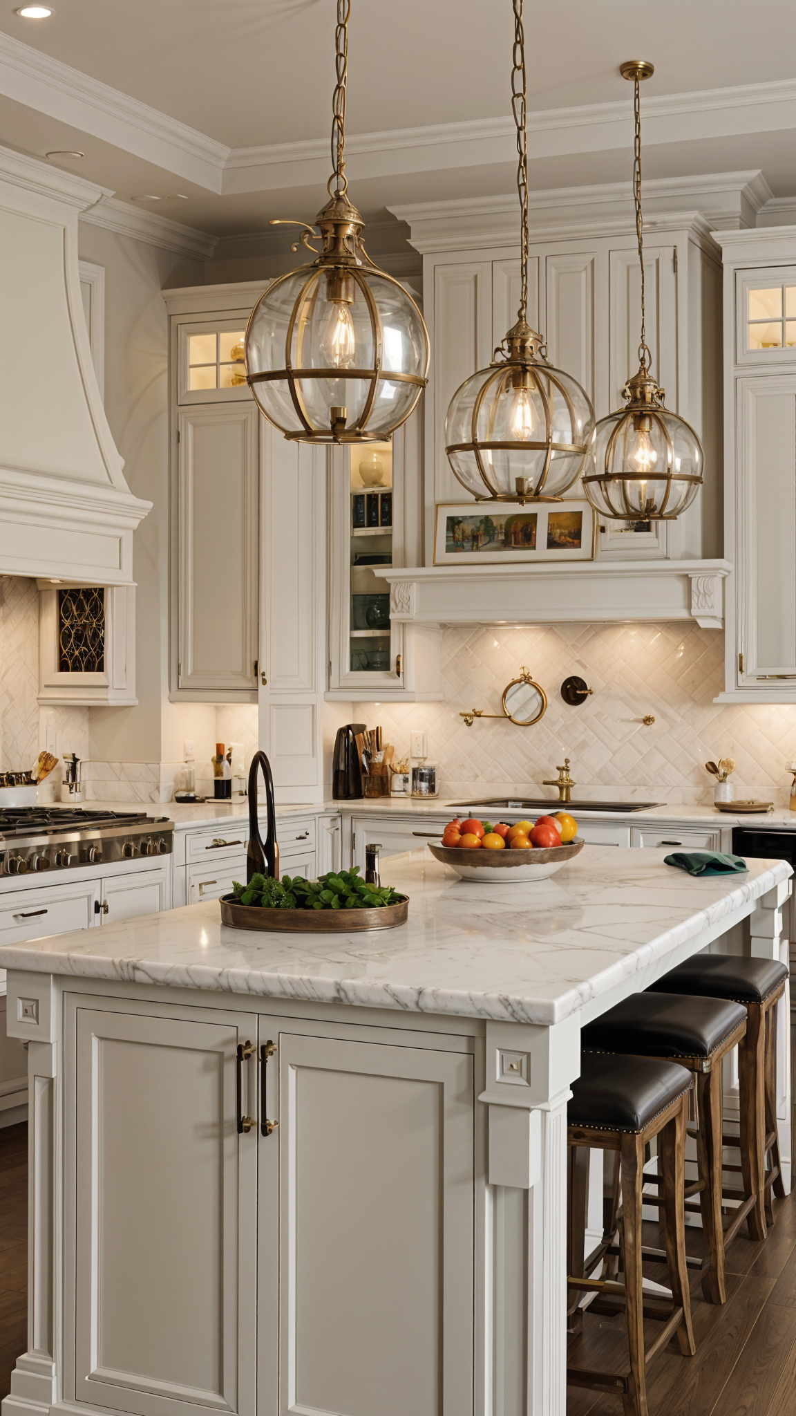 A kitchen with a center island and a bowl of fruit on top. The kitchen is white and has a traditional design. The island features a sink and a stove top oven. The lighting is dim and creates a warm atmosphere. The bowl of fruit is filled with oranges and apples, adding a pop of color to the space. The kitchen also has a dining table and chairs, making it a functional and inviting space for cooking and dining.