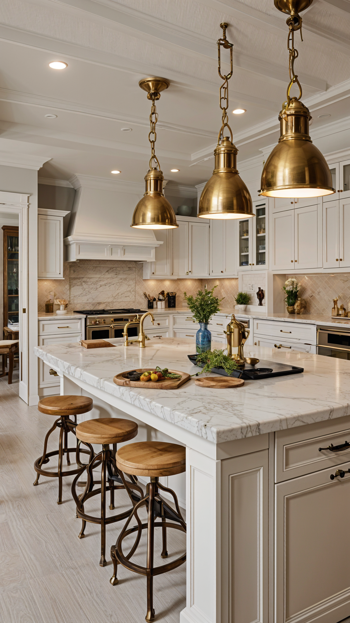 A large, white kitchen with a marble island, stools, and traditional design elements. The island is adorned with a bowl of fruit and surrounded by potted plants and vases.