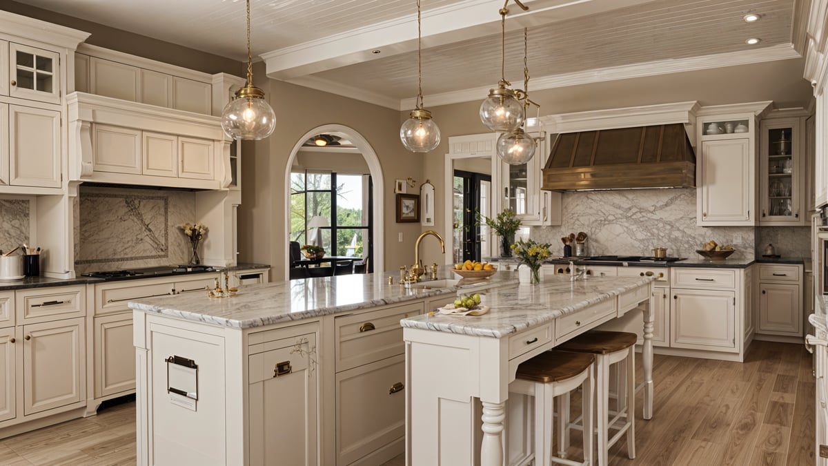 A kitchen with a center island, sink, and marble countertop. The lights are hanging from the ceiling, and there are chairs around the island.