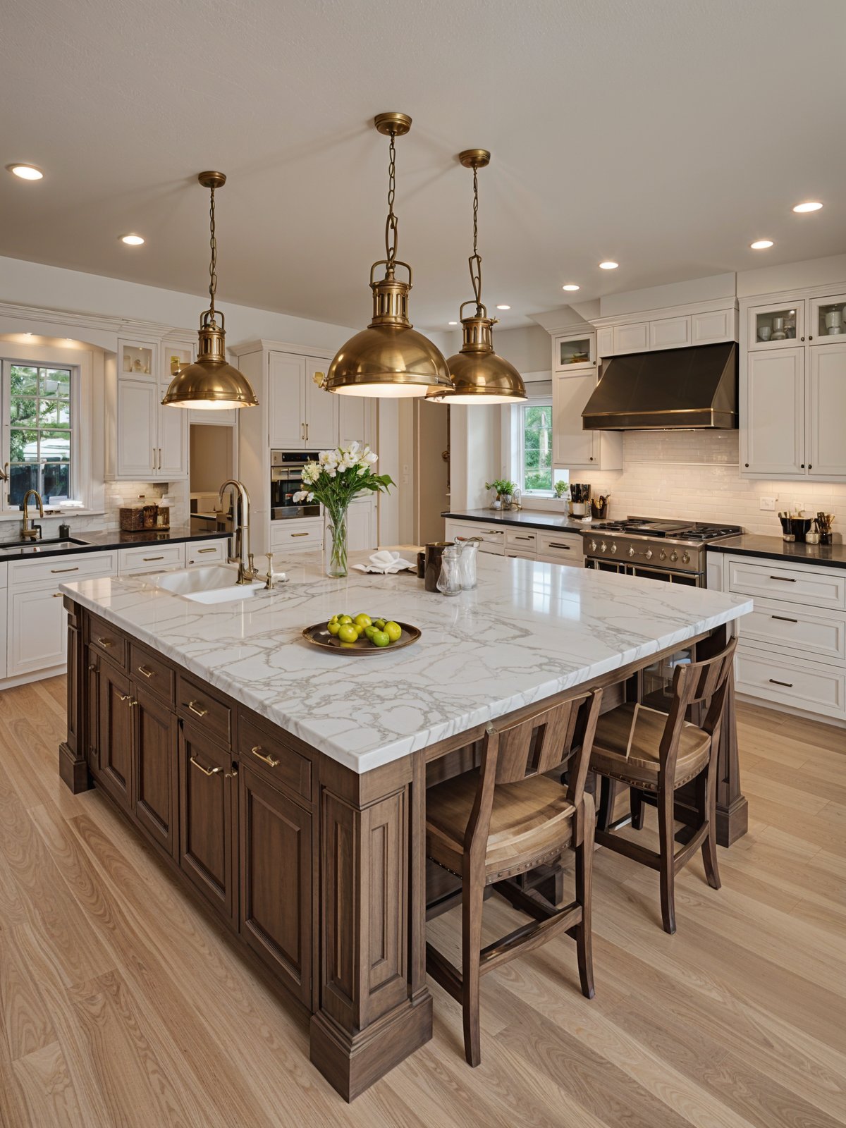 A traditional kitchen with a center island featuring a bowl of fruit and a vase of flowers.