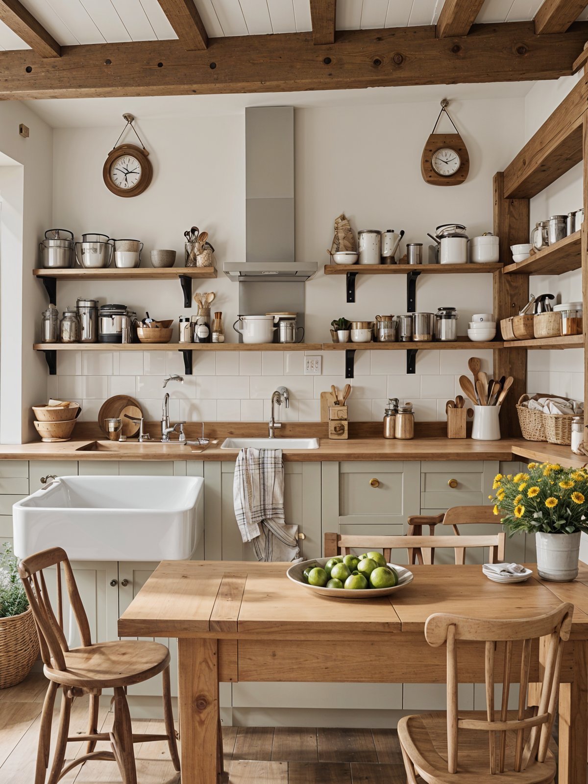 Farmhouse style kitchen with wooden cabinets and shelves, wooden chairs, and a vase of flowers on the counter.