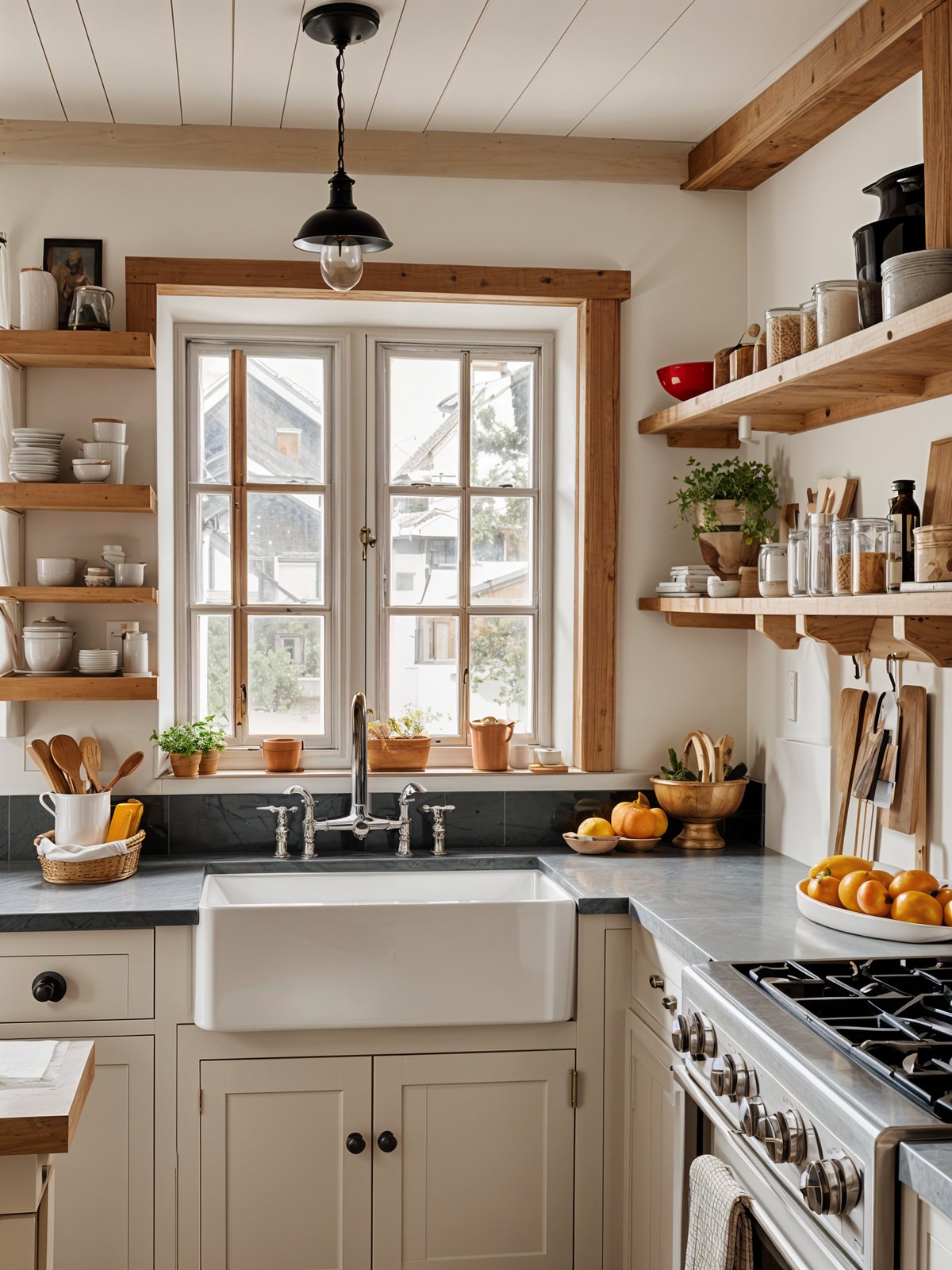 Farmhouse style kitchen with a white sink, window, and wooden cabinets and shelves.