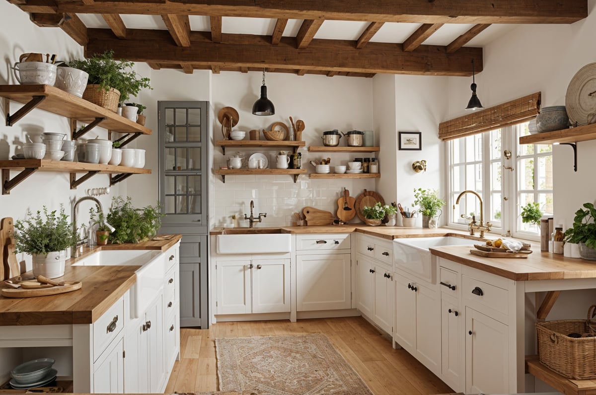 A large farmhouse kitchen with wooden cabinets and white appliances.