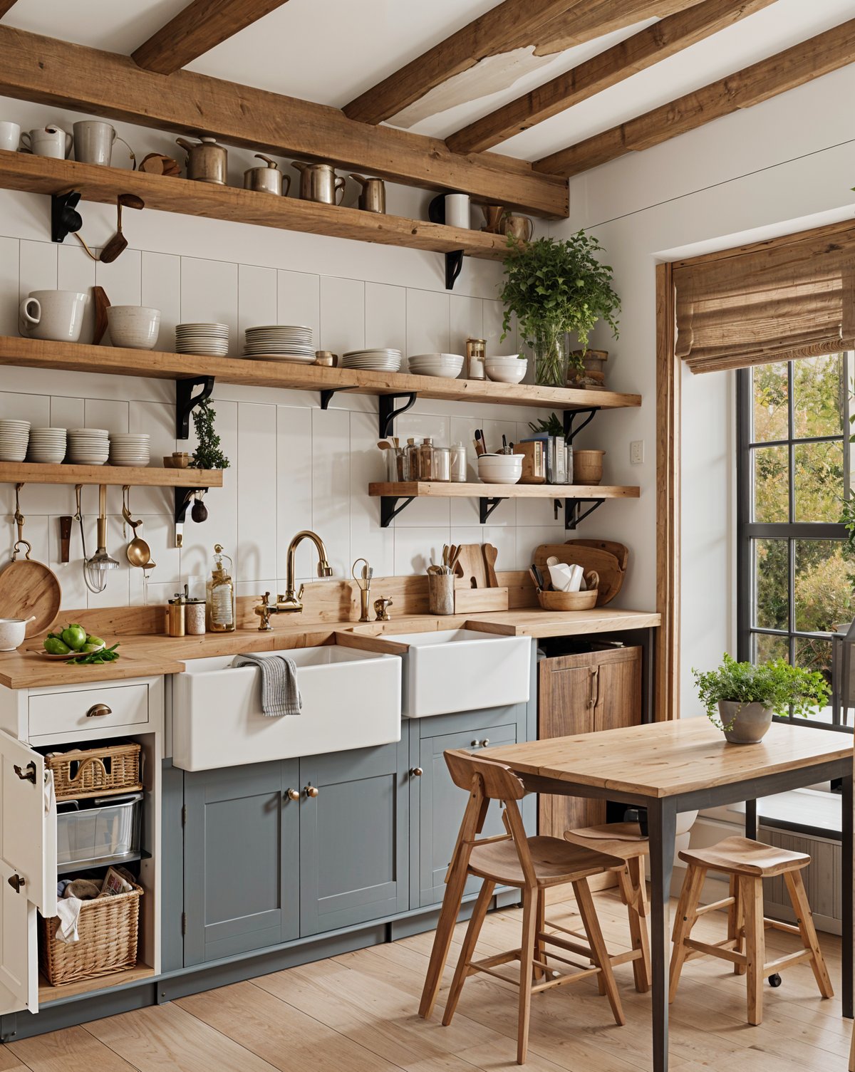 Farmhouse style kitchen with wooden cabinets, sink, dining table, and various kitchenware items.