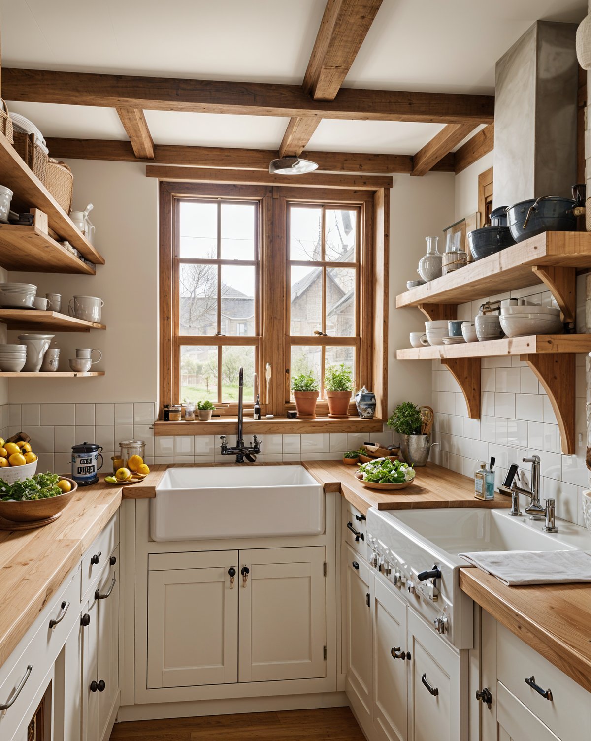 A rustic kitchen with a white sink and wooden cabinets.